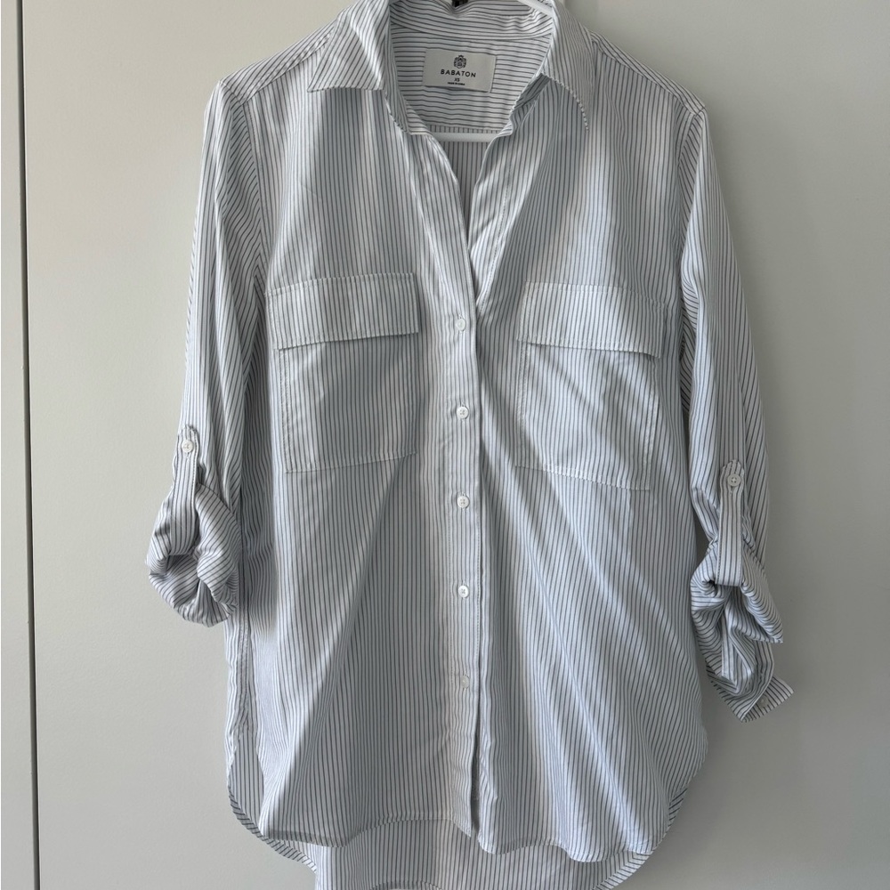 Babaton Blue and White Casual Button Down Shirt Relaxed Fit